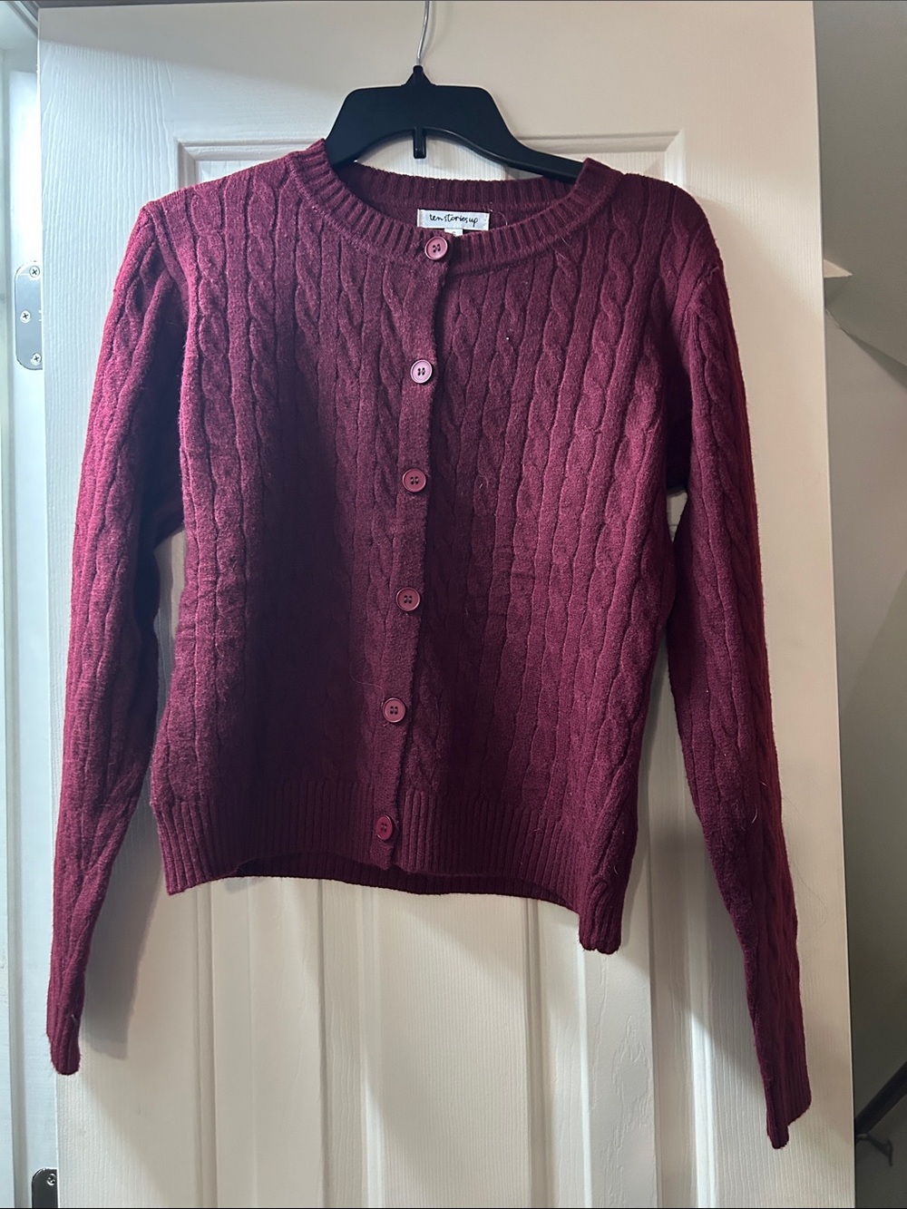 Cable-Knit Button Cardigan in Deep Burgundy